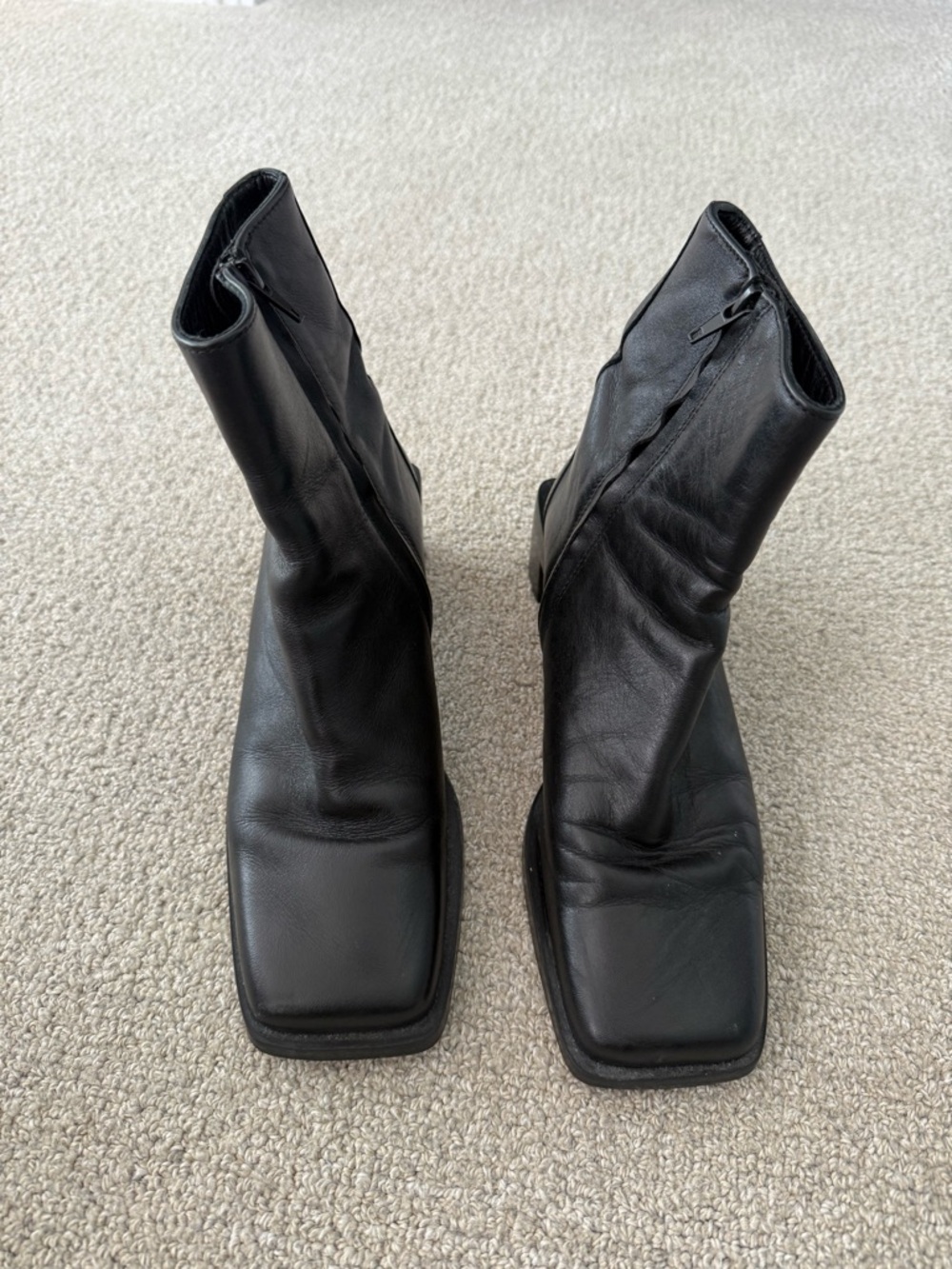 Zara Black Square-Toe Genuine Leather Boots